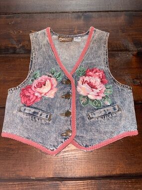 Vintage Acid Wash Denim Vest with Pink Rose Appliqués